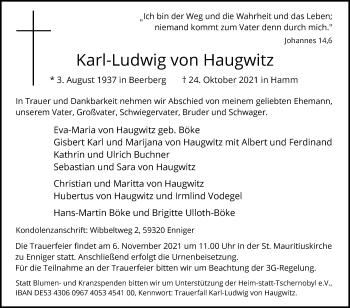 Traueranzeige von Karl-Ludwig von Haugwitz von Die Glocke