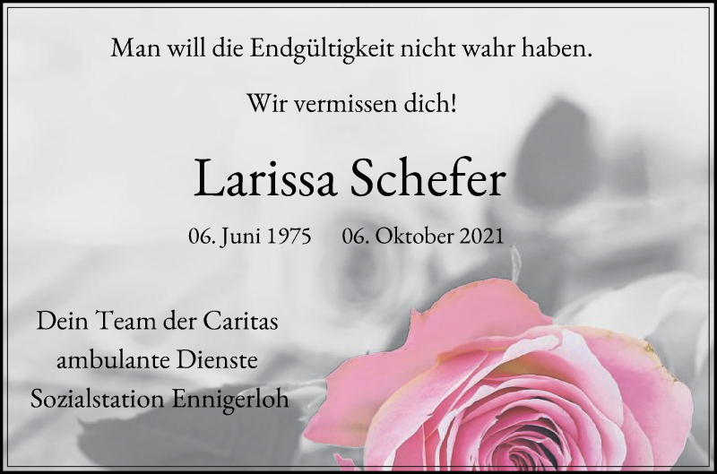  Traueranzeige für Larissa Schefer vom 16.10.2021 aus Die Glocke