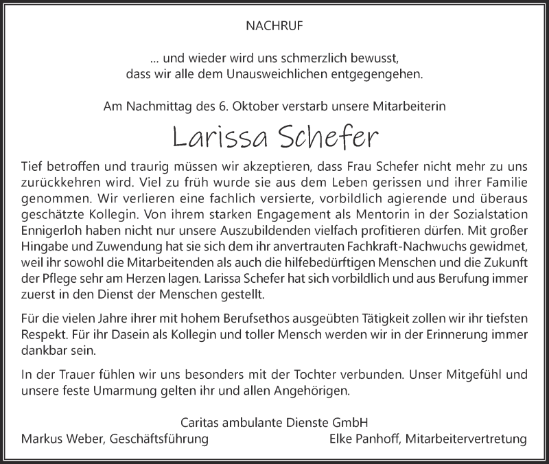  Traueranzeige für Larissa Schefer vom 23.10.2021 aus Die Glocke