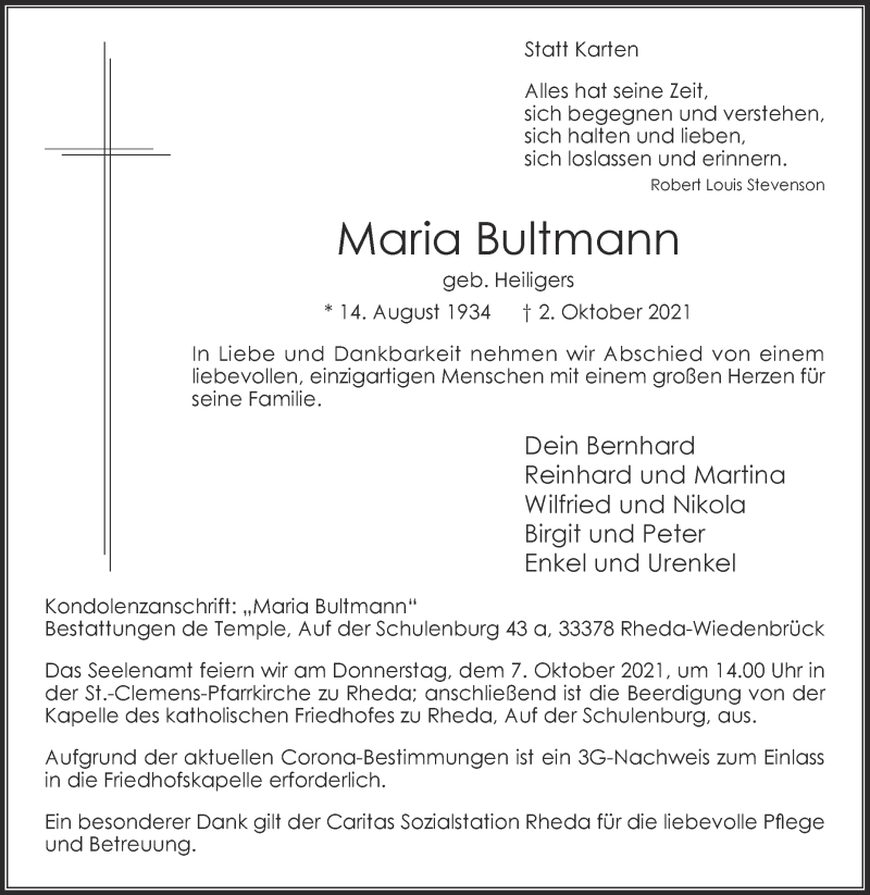  Traueranzeige für Maria Bultmann vom 04.10.2021 aus Die Glocke