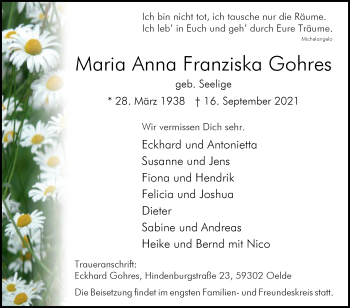 Traueranzeige von Maria Anna Franziska Gohres von Die Glocke