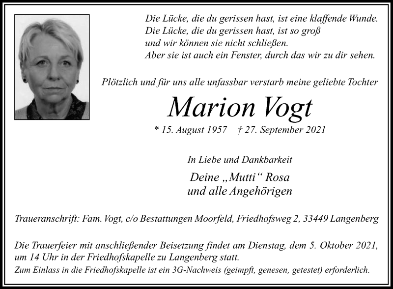  Traueranzeige für Marion Vogt vom 02.10.2021 aus Die Glocke