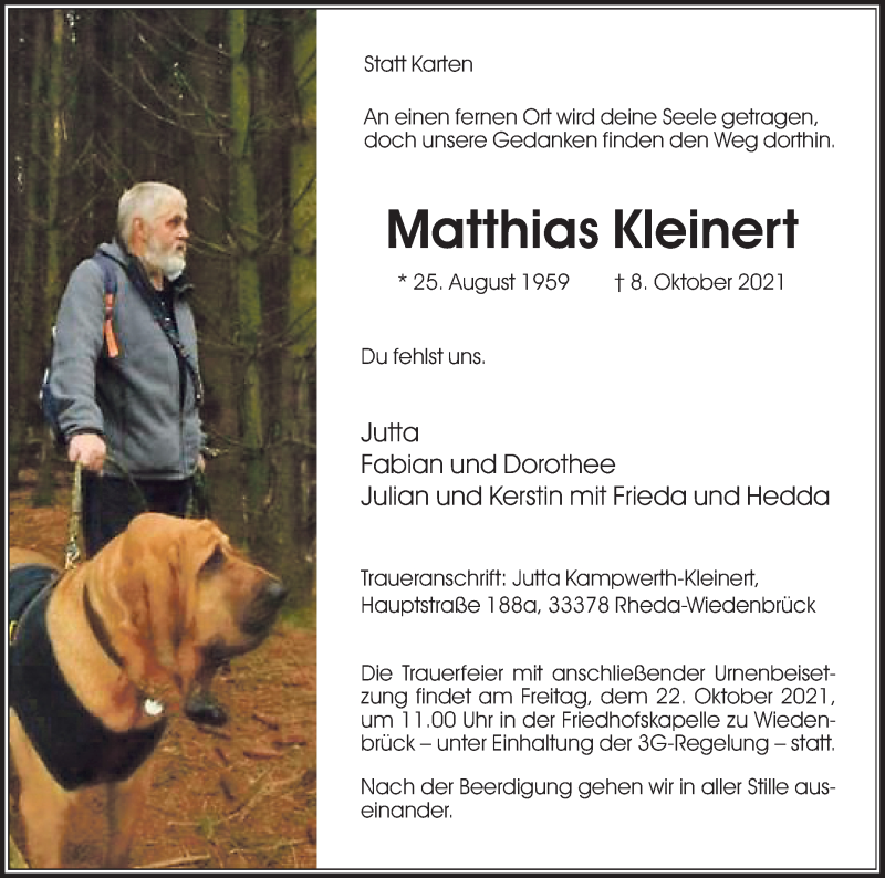  Traueranzeige für Matthias Kleinert vom 16.10.2021 aus Die Glocke