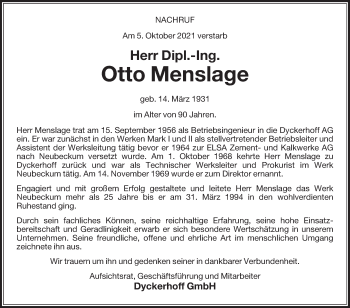 Traueranzeige von Otto Menslage von Die Glocke