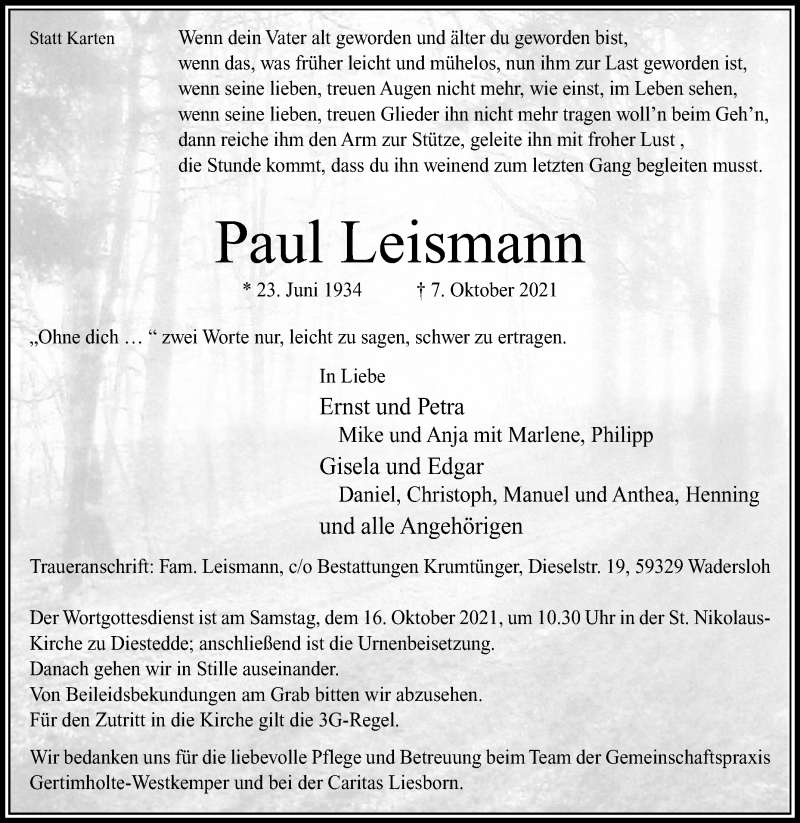  Traueranzeige für Paul Leismann vom 12.10.2021 aus Die Glocke