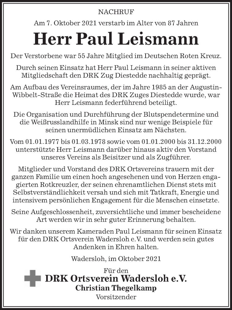  Traueranzeige für Paul Leismann vom 13.10.2021 aus Die Glocke
