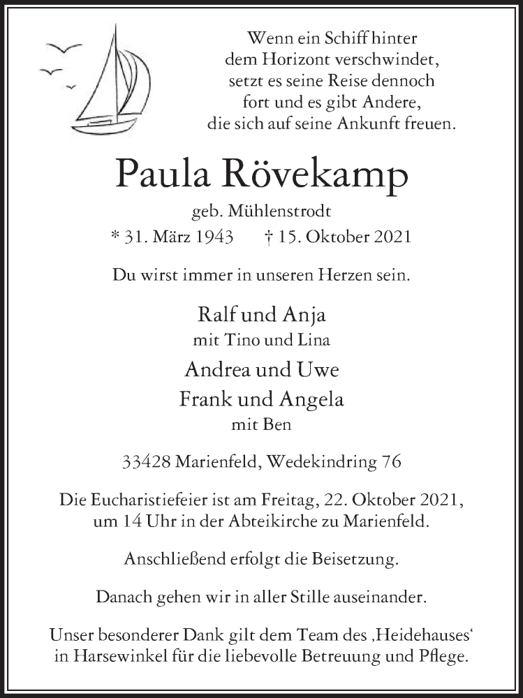  Traueranzeige für Paula Rövekamp vom 20.10.2021 aus Die Glocke