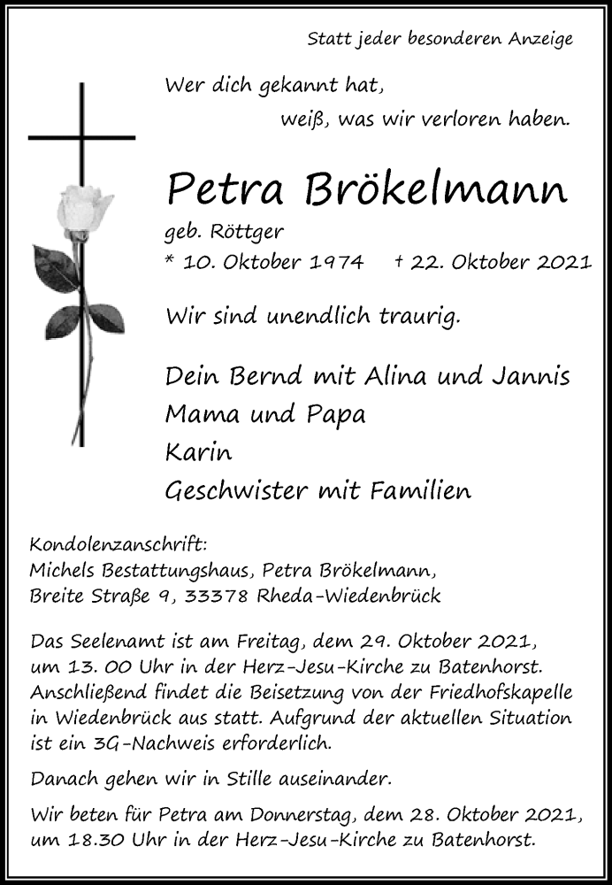  Traueranzeige für Petra Brökelmann vom 27.10.2021 aus Die Glocke
