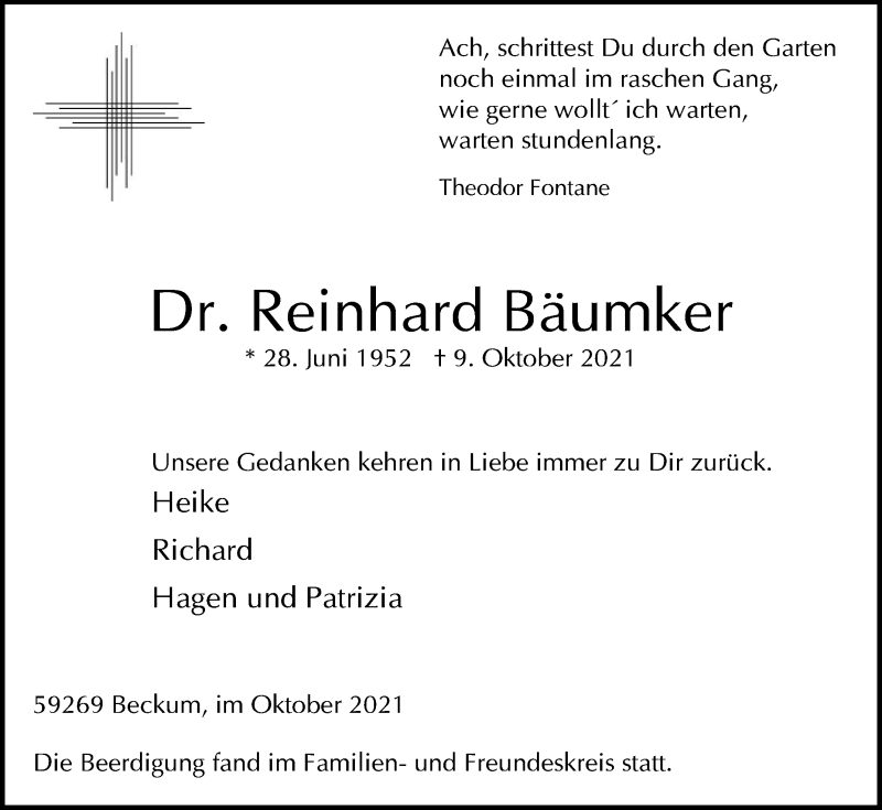  Traueranzeige für Reinhard Bäumker vom 16.10.2021 aus Die Glocke