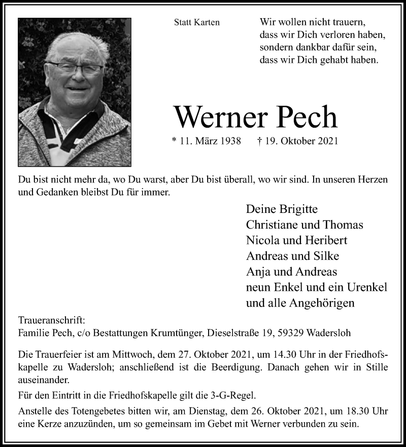  Traueranzeige für Werner Pech vom 23.10.2021 aus Die Glocke