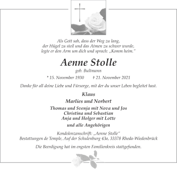 Traueranzeige von Aenne Stolle von Die Glocke