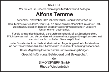 Traueranzeige von Alfons Temme von Die Glocke