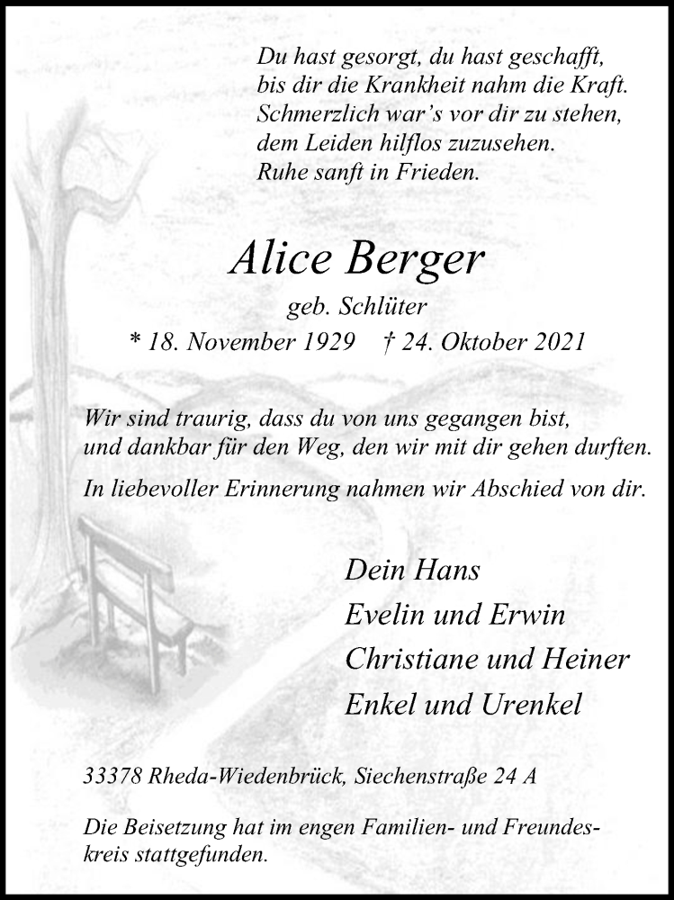  Traueranzeige für Alice Berger vom 06.11.2021 aus Die Glocke