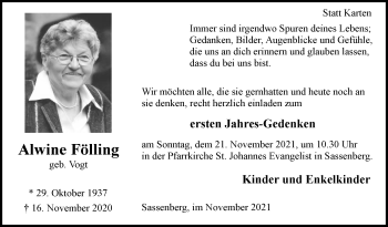 Traueranzeige von Alwine Fölling von Die Glocke