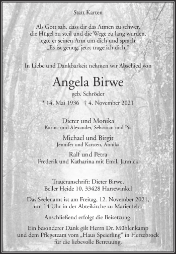 Traueranzeige von Angela Birwe von Die Glocke