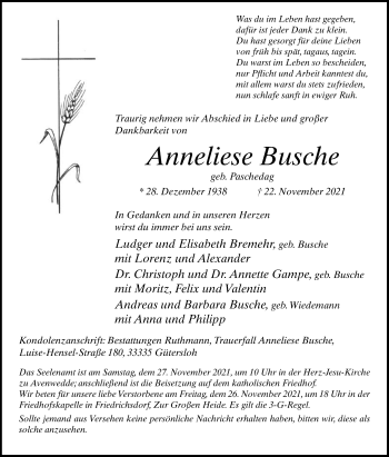 Traueranzeige von Anneliese Busche von Die Glocke