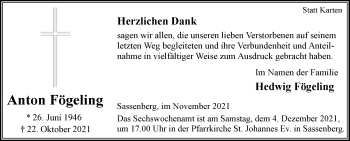 Traueranzeige von Anton Fögeling von Die Glocke