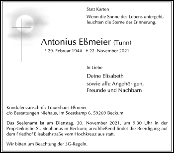 Traueranzeige von Antonius Eßmeier von Die Glocke