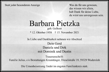 Traueranzeige von Barbara Pietzka von Die Glocke