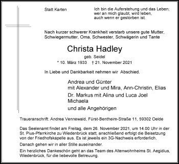 Traueranzeige von Christa Hadley von Die Glocke