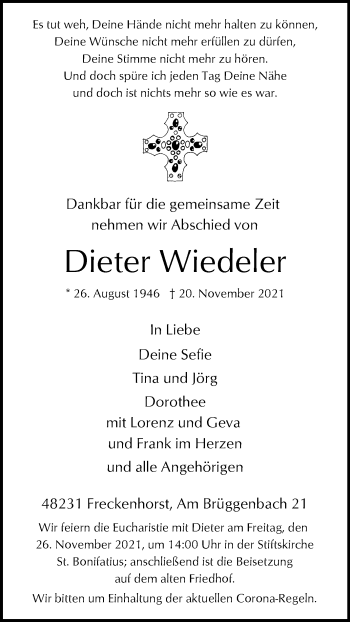 Traueranzeige von Dieter Wiedeler von Die Glocke