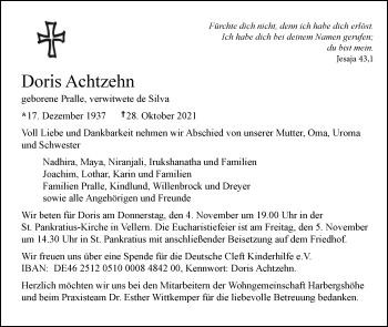 Traueranzeige von Doris Achtzehn von Die Glocke