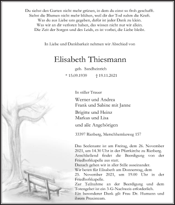 Traueranzeige von Elisabeth Thiesmann von Die Glocke