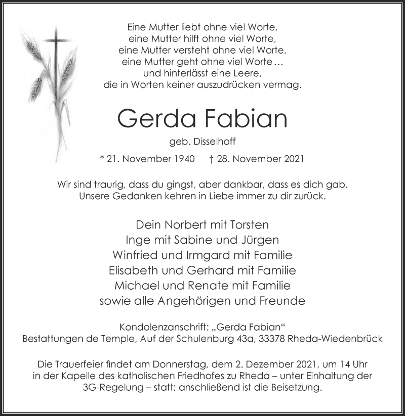  Traueranzeige für Gerda Fabian vom 30.11.2021 aus Die Glocke