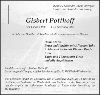 Traueranzeige von Gisbert Potthoff von Die Glocke