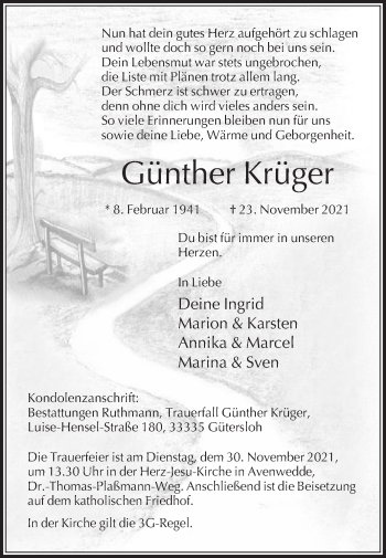 Traueranzeige von Günther Krüger von Die Glocke