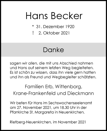 Traueranzeige von Hans Becker von Die Glocke