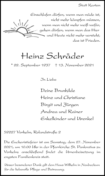 Traueranzeige von Heinz Schräder von Die Glocke