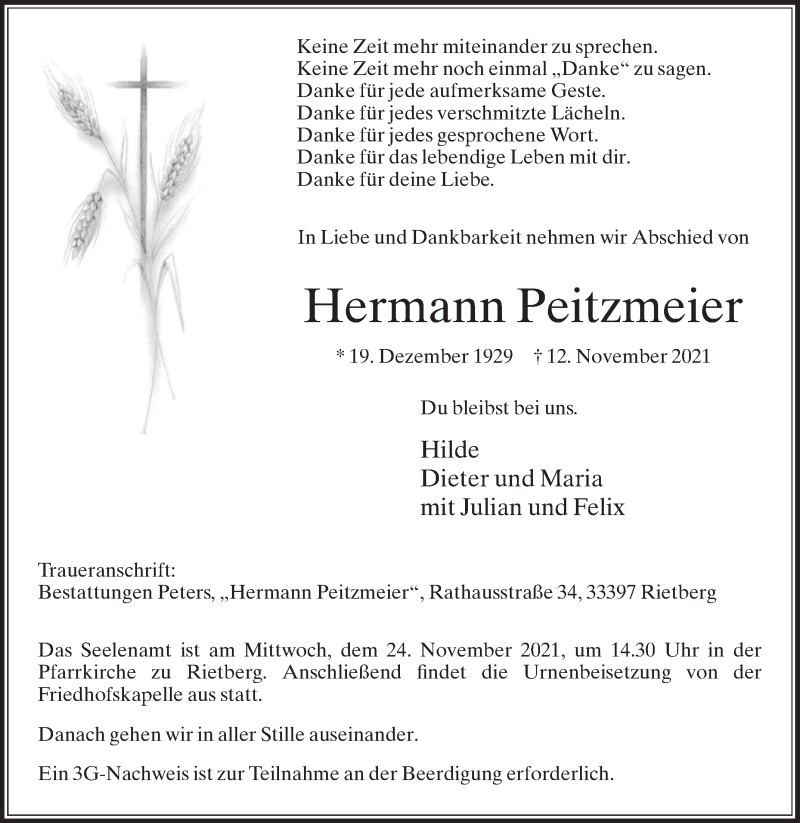 Traueranzeige für Hermann Peitzmeier vom 20.11.2021 aus Die Glocke
