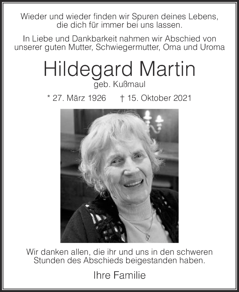  Traueranzeige für Hildegard Martin vom 09.11.2021 aus Die Glocke