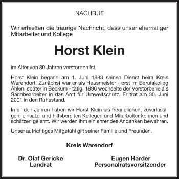 Traueranzeige von Horst Klein von Die Glocke