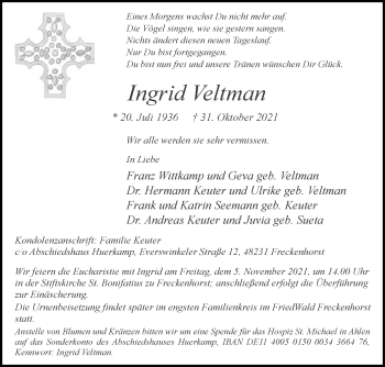 Traueranzeige von Ingrid Veltman von Die Glocke