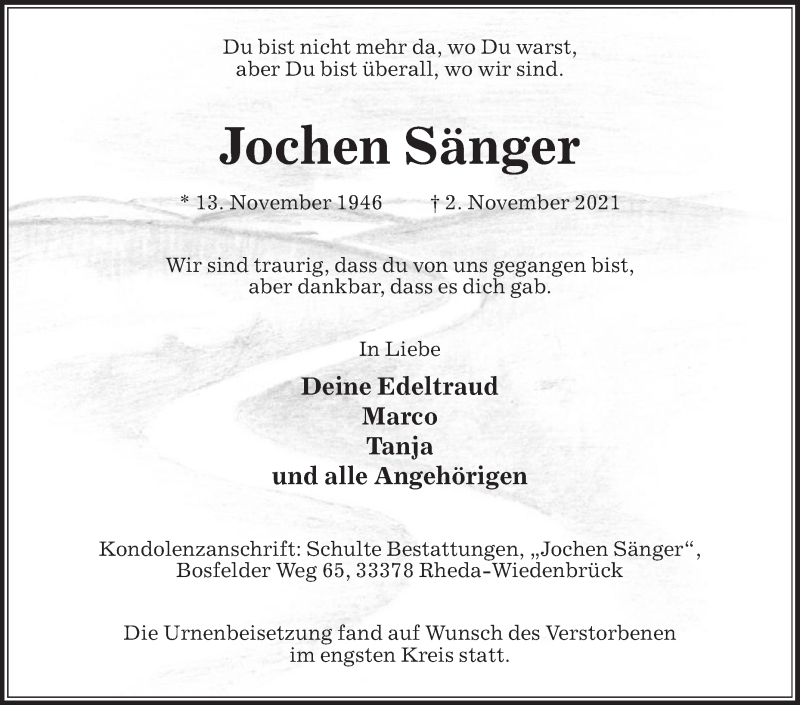  Traueranzeige für Jochen Sänger vom 12.11.2021 aus Die Glocke