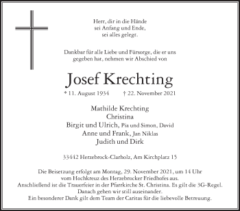 Traueranzeige von Josef Krechting von Die Glocke