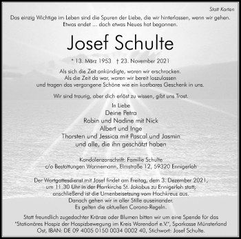 Traueranzeige von Josef Schulte von Die Glocke