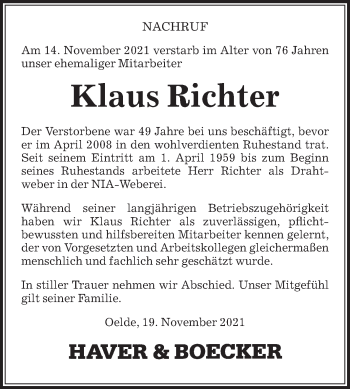 Traueranzeige von Klaus Richter von Die Glocke