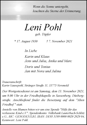 Traueranzeige von Leni Pohl von Die Glocke