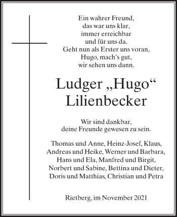 Traueranzeige von Ludger Lilienbecker von Die Glocke