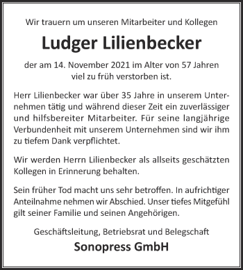 Traueranzeige von Ludger Lilienbecker von Die Glocke