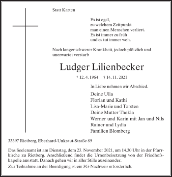 Traueranzeige von Ludger Lilienbecker von Die Glocke