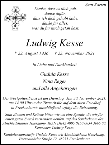 Traueranzeige von Ludwig Kesse von Die Glocke