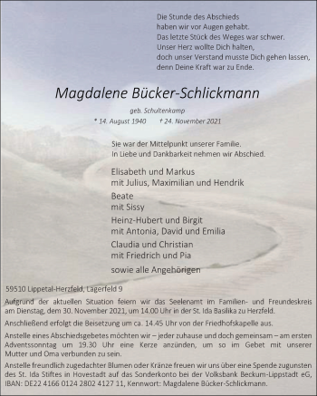 Traueranzeige von Magdalene Bücker-Schlickmann von Die Glocke