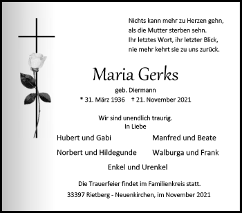 Traueranzeige von Maria Gerks von Die Glocke