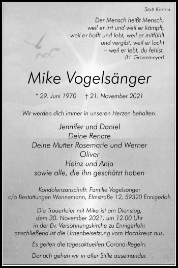 Traueranzeige von Mike Vogelsänger von Die Glocke