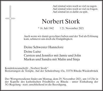 Traueranzeige von Norbert Stork von Die Glocke