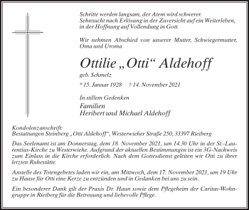 Traueranzeige von Ottilie Aldehoff von Die Glocke